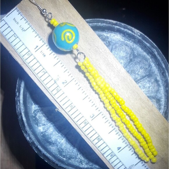 Artisan Earrings  051L# Teal Yellow glass long fringe bead earrings shoulder dus - Picture 2 of 3